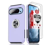 LeYi for Google Pixel 9/Pixel 9 Pro Phone Case with 2 Tempered Glass Screen Protector and 360° Rotating Invisible Phone Ring Holder, Shockproof Protection Cover for 9Pro - Purple