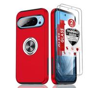 LeYi for Google Pixel 9/Pixel 9 Pro Phone Case with 2 Tempered Glass Screen Protector and 360° Rotating Invisible Phone Ring Holder, Shockproof Protection Cover for 9Pro - Red