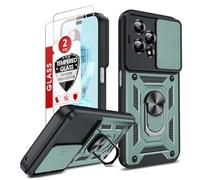 LeYi for Honor 200 Lite 5G Case, Camera Lens Slide Design, 2 Pack Screen Protectors, Military Shockproof Phone Cover with Ring Stand Holder Phone Case for Honor 200 Lite, Green