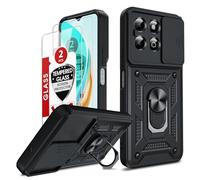 LeYi for Honor X6b Phone Case, 2 Pack Tempered Glasss Screen Protectors, Ring Stand Holder, Military Shockproof Rugged Mobile Phone Cover with Camera Lens Slide Design for Honour X6b 4G, Black