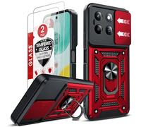 LeYi for Honor X6c Phone Case with Camera Cover Slider and 2 Tempered Glass Screen Protectors, Ring Stand Holder, Rugged Protective Tough Armor Cover for Honour X6c 4G, Red