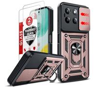 LeYi for Honor X6c Phone Case with Camera Cover Slider and 2 Tempered Glass Screen Protectors, Ring Stand Holder, Rugged Protective Tough Armor Cover for Honour X6c 4G, Rose Gold