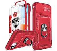 LeYi for iPhone 11 Case and 2 Tempered Glass Screen Protector with Lens Camera Cover,Ring Holder Support Full Body Protective Heavy Duty Thin Shockproof Tough Girl Women Hard Phone Cover,Red