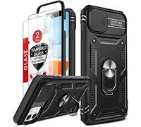 LeYi for iPhone 11 Case and 2 Tempered Glass Screen Protector with Slide Camera Cover,Ring Holder Stand Full Body Protective Heavy Duty Shockproof Silicone Bumper Tough Hard Armour Phone Cover, Black