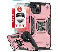 LeYi for iPhone 13 6.1'' Case with [2 Pack] Tempered Glass Screen Protector Shockproof Silicone Protective Mobile Phone Cover with Ring Holder Compatible for iphone 13 Phone Case Rose Gold