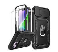 LeYi for iPhone 14 6.1'' Case with Camera Cover Slider, 360° Full Body Armour Military Protective Shockproof Phone Cover | 2 Pack Tempered Glass Screen Protector | Ring Stand Holder | Black