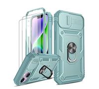 LeYi for iPhone 14 6.1'' Case with Camera Cover Slider, 360° Full Body Armour Military Protective Shockproof Phone Cover | 2 Pack Tempered Glass Screen Protector | Ring Stand Holder | Green