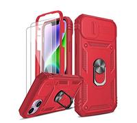 LeYi for iPhone 14 6.1'' Case with Camera Cover Slider, 360° Full Body Armour Military Protective Shockproof Phone Cover | 2 Pack Tempered Glass Screen Protector | Ring Stand Holder | Red