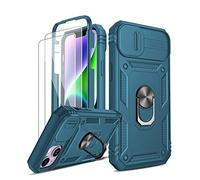 LeYi for iPhone 14 6.1'' Case with Camera Cover Slider, 360° Full Body Armour Military Protective Shockproof Phone Cover | 2 Pack Tempered Glass Screen Protector | Ring Stand Holder | Blue