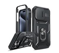 LeYi for iPhone 15 Pro Max Case with Camera Cover Slider(Not include Screen Protector), Front Frame+Back Case, Full Body Armour Military Grade Shockproof Phone Cover | Ring Stand Holder Black