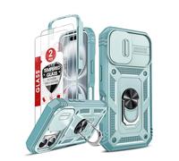 LeYi for iPhone 16 Case with Camera Cover Slider, Full Body Armour Shockproof Phone Cover | 2 Pack Tempered Glass Screen Protector | Ring Stand Holder for i Phone 16 Green