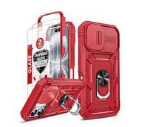 LeYi for iPhone 16 Plus Case with Camera Cover Slider, Full Body Armour Shockproof Phone Cover | 2 Pack Tempered Glass Screen Protector | Ring Stand Holder for iPhone 16 Plus Red