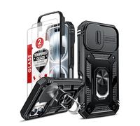 LeYi for iPhone 16 Plus Case with Camera Cover Slider, Full Body Armour Shockproof Phone Cover | 2 Pack Tempered Glass Screen Protector | Ring Stand Holder for iPhone 16 Plus Black