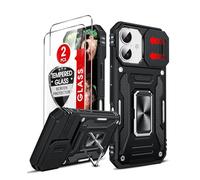 LeYi for iPhone 17 Phone Case with Camera Lens Cover Slider, 2 Pack Screen Protectors, Ring Stand Holder Military Grade Protective Shockproof Armour Cover for i Phone 17, Black