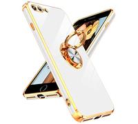 LeYi for iPhone 8 Plus/iPhone 7 Plus Heavy Duty Protection Case with Built-in Ring Holder, Shiny Plating Gold Edge Flexible Silicone Lightweight Luxury Phone Cover in White