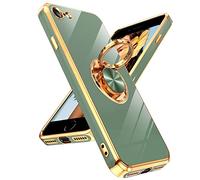 LeYi for iPhone SE 2022/2020/7/8 Case, Heavy Duty Protection Cover with Built-in Ring Holder - Shiny Plating Gold Edge, Silicone Lightweight Luxury Case, Green