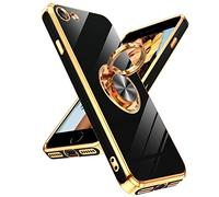 LeYi for iPhone SE 2022/2020/7/8 Case, Heavy Duty Protection Cover with Built-in Ring Holder, Shiny Plating Gold Edge Silicone Luxury Case, Black
