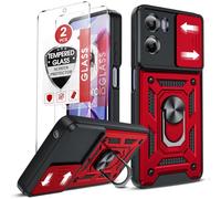 LeYi for Motorola Moto E15 4G/G05 Phone Case with Camera Cover Slider with 2 Tempered Glass Screen Protectors, Ring Stand Holder, Military Protective Armour Rugged Phone Cover for Moto E 15/GO5, Red