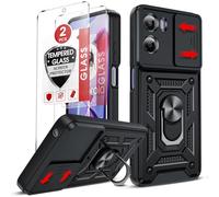LeYi for Motorola Moto E15 4G/G05 Phone Case with Camera Cover Slider with 2 Tempered Glass Screen Protectors, Ring Stand Holder, Military Protective Armour Rugged Phone Cover for Moto E 15/GO5, Black