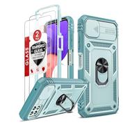 LeYi for Samsung A22 5G Case Camera Cover Slider and 2 Tempered Glass Screen Protector, Ring Holder 360° Full Body Protective Shockproof Hard Armour Phone Case Cover for Samsung Galaxy A22 5G G-Green