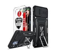 LeYi for Samsung Galaxy A06 Phone Case, with Camera Lens Cover Slider, 2 Pack Screen Protectors, Ring Stand Holder Military Grade Protective Shockproof Armour Cover for Samsung Galaxy A06, Black