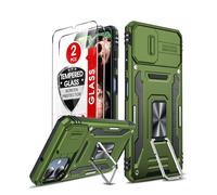LeYi for Samsung Galaxy A06 Phone Case, with Camera Lens Cover Slider, 2 Tempered Glass Screen Protectors, Ring Stand Holder Military Protective Tough Armour Cover for Samsung Galaxy AO6, Green