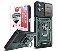 LeYi for Samsung Galaxy A07 Phone Case with Camera Cover Slider with 2 Tempered Glass Screen Protectors, Ring Stand Holder, Military Protective Armour Rugged Phone Cover for Samsung A07 Case, Green