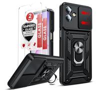 LeYi for Samsung Galaxy A07 Phone Case with Camera Cover Slider with 2 Tempered Glass Screen Protectors, Ring Stand Holder, Military Protective Armour Rugged Phone Cover for Samsung A07 Case, Black