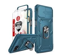 LeYi for Samsung Galaxy A12 5G/M12 Case and 2 Tempered Glass Screen Protector with Slide Camera Cover, Ring Holder Full Body Protective Heavy Duty Shockproof Silicone Tough Armour Phone Case,Sea Blue