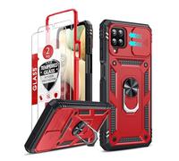 LeYi for Samsung Galaxy A12 5G/M12 with Camera Cover Slider, 360 Full Body Armour Military Protective Tough Phone Cover| 2 Tempered Glass Screen Protector | Ring Stand Holder, RedBlack