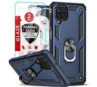 LeYi for Samsung Galaxy A12 Case and 2 Tempered Glass Screen Protector,Ring Holder Military Grade Protective Silicone Shockproof Tough Armor Hard Mobile Phone Cover for Samsung Galaxy A12 Blue