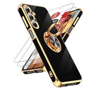LeYi for Samsung Galaxy A16 4G/5G Phone Case with 2 Tempered Glass Screen Protector and 360° Phone Ring Holder, for Samsung A 16 Luxurious Gloss Electroplating Cover, Soft TPU Protection - Black