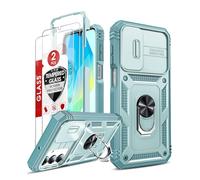 LeYi for Samsung Galaxy A17 4G/5G Phone Case with Camera Cover Slider, 2 Tempered Glass Screen Protector, Ring Stand Holder, Tough Armour Cover Hard Heavy Duty Protective for Samsung A 17, Green