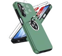 LeYi for Samsung Galaxy A17 Phone Case with 2 Tempered Glass Screen Protector, 2 Camera Lens Protector and Invisible Metal Ring Stand Holder, Shockproof Protective Mobile Cover for A17 - QGreen