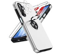 LeYi for Samsung Galaxy A17 Phone Case with 2 Tempered Glass Screen Protector, 2 Camera Lens Protector and Invisible Metal Ring Stand Holder, Shockproof Protective Mobile Cover for A17 - Silver