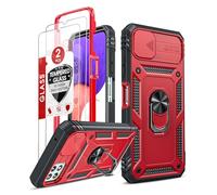 LeYi for Samsung Galaxy A22 5G Phone Case with Camera Cover Slider, 2 Tempered Glass Screen Protector, Ring Stand Holder, 360° Full Body Tough Armour Cover Hard Heavy Duty Protective, RedBlack