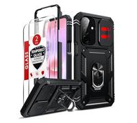 LeYi for Samsung Galaxy A27 5G Phone Case: with Camera Cover Slider, 2 Tempered Glass Screen Protector, Ring Stand Holder, 360° Full Body Tough Armour Cover Hard Heavy Duty Protective Black
