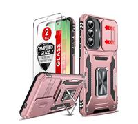 LeYi for Samsung Galaxy A27 Phone Case, with Camera Lens Cover Slider, 2 Tempered Glass Screen Protectors, Ring Stand Holder Military Protective Tough Armour Cover for Samsung A 27, Rose Gold