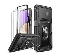LeYi for Samsung Galaxy A32 5G Case with Slide Camera Cover and 2 Tempered Glass Screen Protector,Ring Holder Full Body Protective Heavy Duty Shockproof Silicone Tough Hard Armour Phone Cover, Black