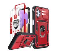 LeYi for Samsung Galaxy A32 5G Case with Slide Camera Cover and 2 Tempered Glass Screen Protector,Ring Holder Full Body Protective Heavy Duty Shockproof Tough Hard Armour Phone Cover, RedBlack