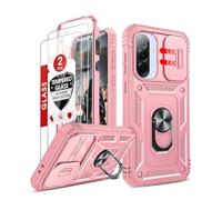 LeYi for Samsung Galaxy A36 5G Case with 2 Tempered Glass Screen Protector | Camera Cover Slider| Ring Stand Holder| 360° Full Body Tough Armour Phone Cover Hard Heavy Duty Protective for A 36, Pink