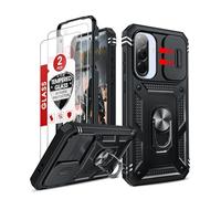 LeYi for Samsung Galaxy A36 5G Case with 2 Tempered Glass Screen Protector | Camera Cover Slider| Ring Stand Holder | 360° Full Body Tough Armour Phone Cover Hard Heavy Duty Protective for A 36, Black