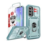 LeYi for Samsung Galaxy A37 5G Phone Case with Camera Cover Slider, 2 Tempered Glass Screen Protector, Ring Stand Holder, 360° Full Body Tough Armour Cover Hard Heavy Duty Protective, Green