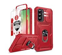 LeYi for Samsung Galaxy A56 5G Case with Camera Cover Slider, 360° Full Body Tough Armor Phone Cover Hard Heavy Duty Protective | 2 Tempered Glass Screen Protector | Ring Stand Holder for A 56, Red