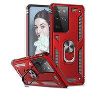 LeYi for Samsung Galaxy S21 Ultra Case,Ring Holder Military Grade Protective Silicone Plastic Shockproof Tough Armour Hard Mobile Phone Cover for Samsung Galaxy S21 Ultra 6.8" Red