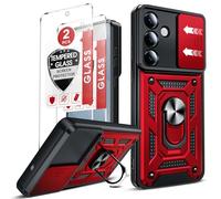 LeYi for Samsung Galaxy S25 FE Phone Case with Camera Cover Slider with 2 Tempered Glass Screen Protectors, Ring Stand Holder, Military Protective Armour Rugged Phone Cover for S25FE Case, Red