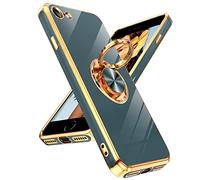 LeYi iPhone SE 2020/SE 2022/8/7 Case, Heavy Duty Protection with Built-in Ring Holder & Kickstand, Gold Edge, Gray
