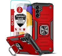 LeYi Rugged Armor Case for Samsung Galaxy A13 5G/ Samsung Galaxy A04s, [2 Pack] Tempered Screen Protector, Shockproof Military Grade Protective Hard Bumper Phone Case Cover with Ring Holder Red