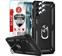 LeYi Rugged Case for Samsung Galaxy A14 5G/4G with 2 Tempered Glass Screen Protector & 2 Camera Lens Protector, Shockproof Military Grade Protective Phone Cover with Ring Stand Holder Black