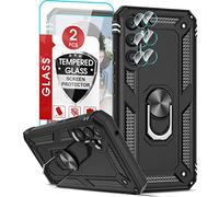 LeYi Rugged Case for Samsung Galaxy A34 with 2 Tempered Glass Screen Protector & 2 Camera Lens Protector, Shockproof Military Grade Protective Phone Cover with Ring Stand Holder Black